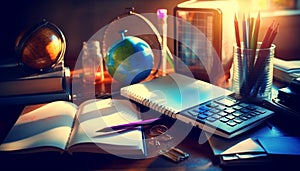 Stack of textbooks on desk, ready for studying generated by AI