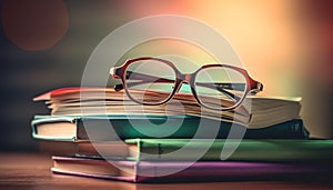 Stack of textbooks on library table for studying generated by AI