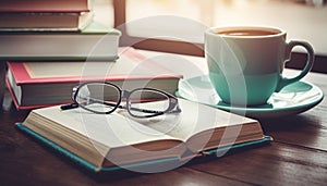 Stack of textbooks on table, student studying generated by AI