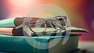 Stack of textbooks on table, student studying generated by AI