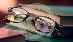 Stack of textbooks on table for studying generated by AI