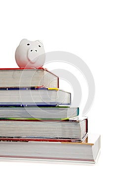 Stack of textbooks with a white piggy bank