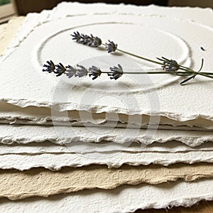A stack of textured, handmade paper with deckled edges is arranged on a surface. O