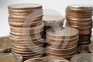 Stack of Thai baht coins on white background, Business finance investment concept