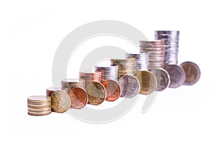 Stack of Thai coins arranged as a graph on white background