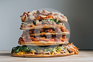 stack of thin-crust pizzas with various toppings, each pizza distinctively different