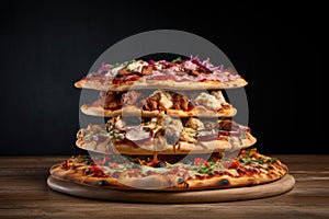 stack of thin-crust pizzas with various toppings, each pizza distinctively different
