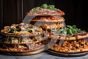 stack of thin-crust pizzas with various toppings, each pizza distinctively different