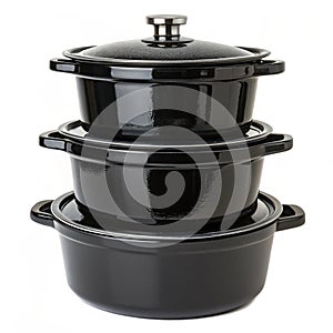 Stack of three black pots isolated on white background