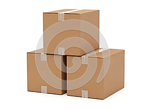 Stack of three brown cardboard boxes on white background
