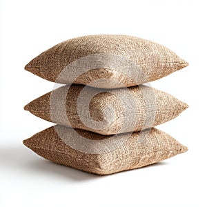 Stack of three burlap pillows isolated on white background