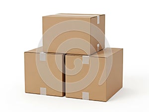Stack of three cardboard boxes isolated on white background