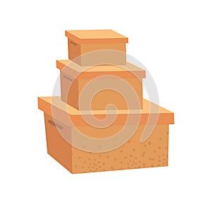 Stack of three cardboard boxes isolated on white background. Moving boxes, package delivery concept. Storage, cargo