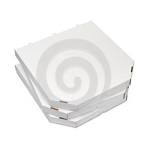 Stack of three closed blank white cardboard boxes for pizza isolated white. Takeaway food packaging