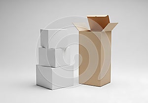 Stack of three closed boxes and one open box isolated on white background