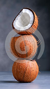 A stack of three coconuts sitting on top of each other