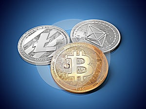 stack of cryptocurrencies: bitcoin, ethereum and litecoin together