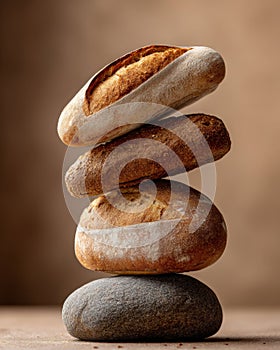 A stack of three loaves of bread sitting on top of each other