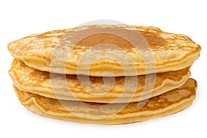 Stack of three pancakes isolated on white. No topping