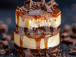 A stack of three pieces of cheesecake with chocolate and caramel on top