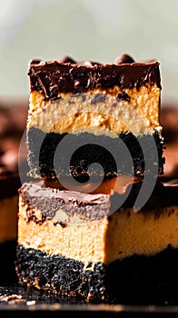 A stack of three pieces of peanut butter and chocolate brownies on a black plate