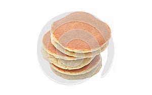 A stack of three plain pancakes on a white background.