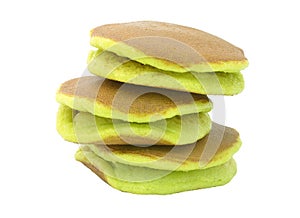 A stack of three plain pancakes on a white background.