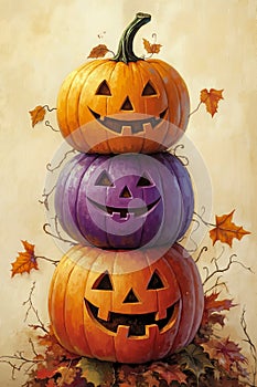 A stack of three pumpkins sitting on top of each other