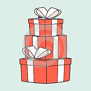 A stack of three red and white gift boxes silver ribbons.