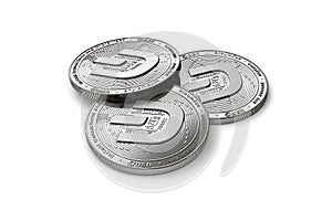 Stack of three silver Dash coins with 2019 logo update, isolated on white background. 3D rendering