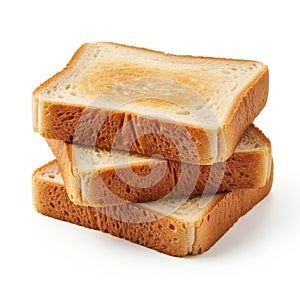A stack of three slices of toasted white bread isolated on white background