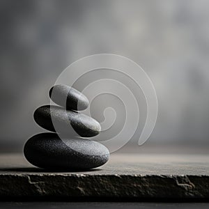 A stack of three smooth, dark stones on a flat, textured surface. The background is
