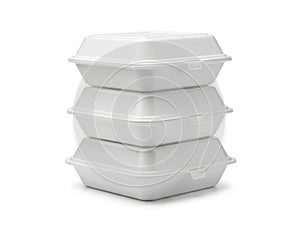 Stack of three white styrofoam containers isolated on white background