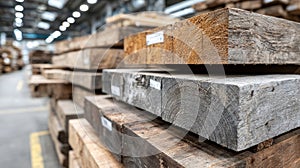 Stack of timber planks in a warehouse, ready for construction.
