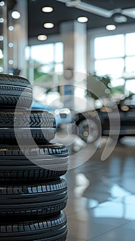 A stack of tires on the background of cars