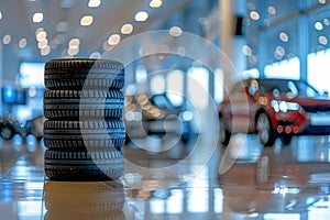 A stack of tires on the background of cars