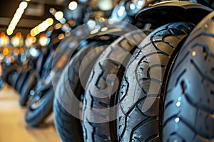 Stack of tires on background of motorcycles