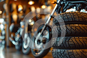 Stack of tires on background of motorcycles