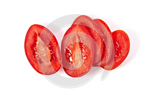 Stack of tomato slices on white background
