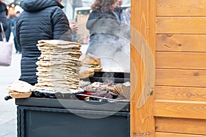 Stack of tortillas and cutlets fast food fast food at the fair selective focus