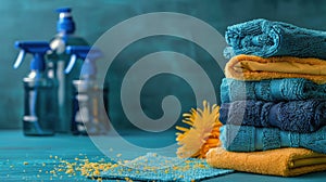 Stack of Towels on Blue Table