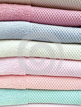 stack of towels. colorful Turkish towels. colored terry photo