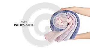 A stack of towels pink blue roll in hand pattern