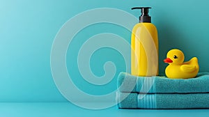 A stack of towels with a rubber duck and bottle on top, AI