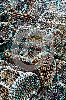 Stack of traditional lobster pots photo
