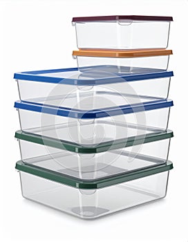 Stack of Transparent Plastic Containers with Multicolored Lids on White Background