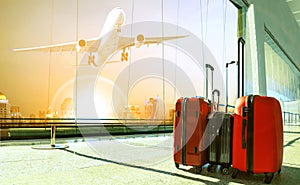 Stack of traveling luggage in airport terminal building and pass