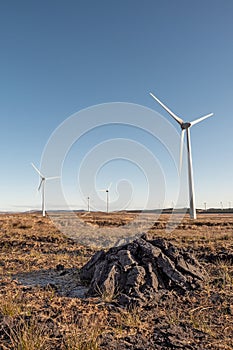 Stack of turf in a bog next to wind farm turbine. Clean new and dirty old source of energy. Natural and artificial product in