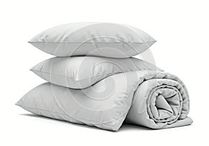 Stack of two pillows and on the white background, two white pillows on the rolled duvet isolated, bedding objects isolated against