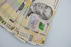 Stack of ukrainian money hryvnia with 500 banknotes